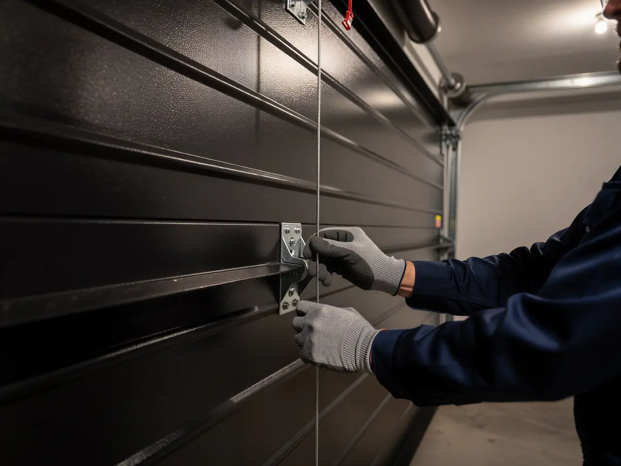 A technician in gloves adjusts the cable on a black garage door.