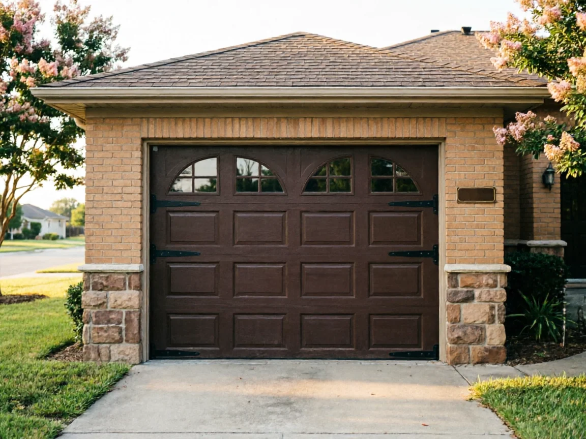 The brown garage door has arched windows and decorative black hardware.