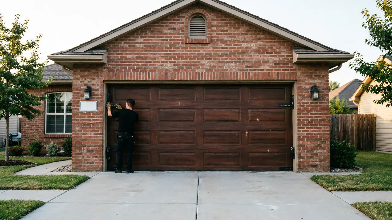 A technician works on a brown garage door of a brick house.