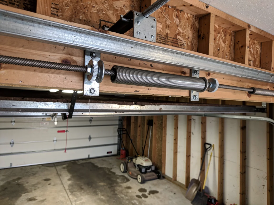 A garage door torsion spring is mounted above a white garage door.