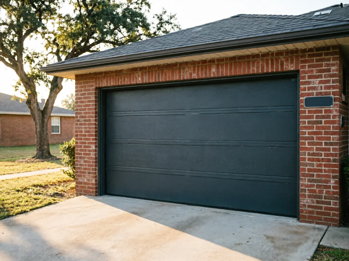 A dark gray garage door is set into a red brick house with a dark roof.