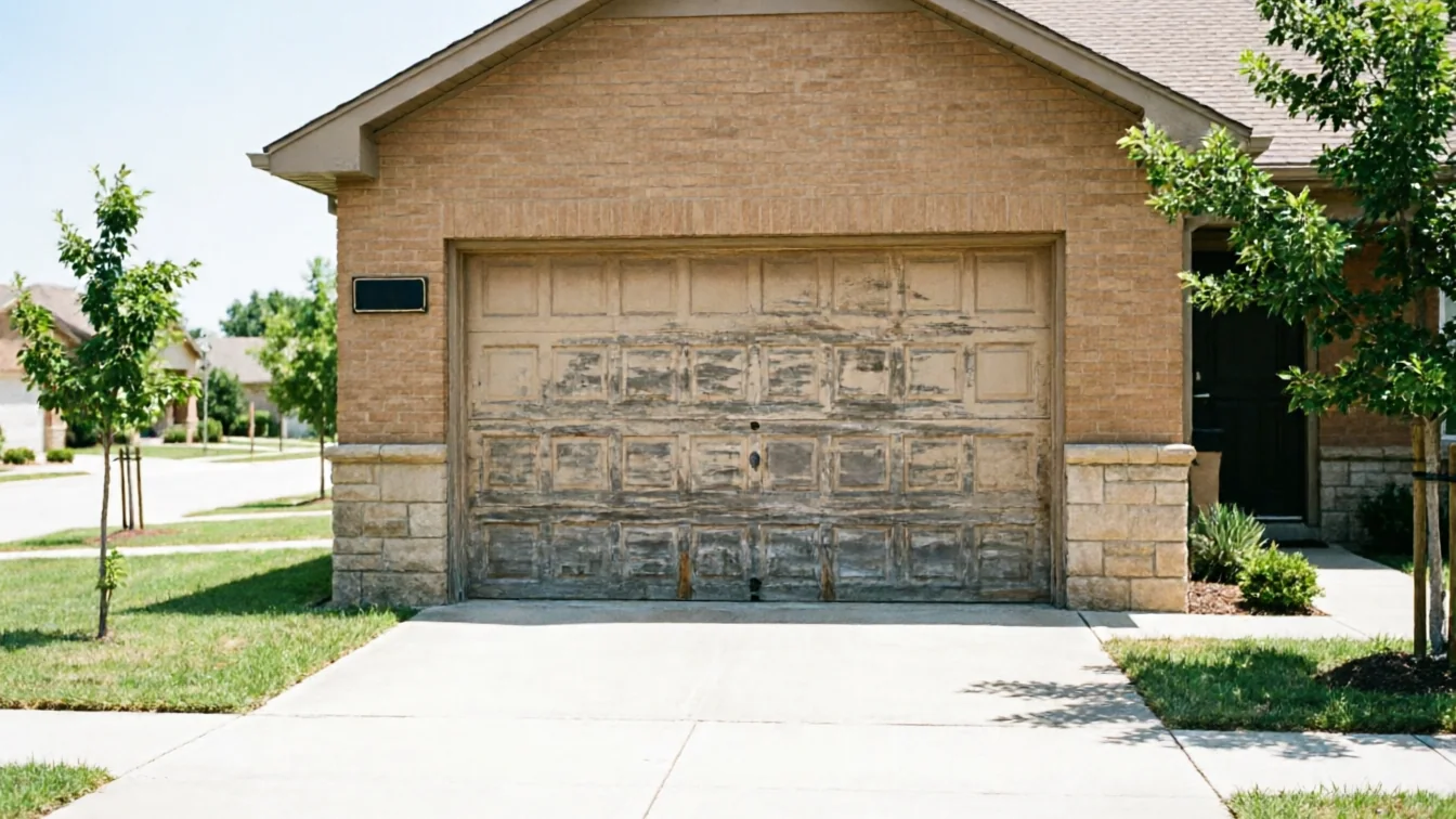 The house has a weathered garage door with peeling paint and a brick facade.