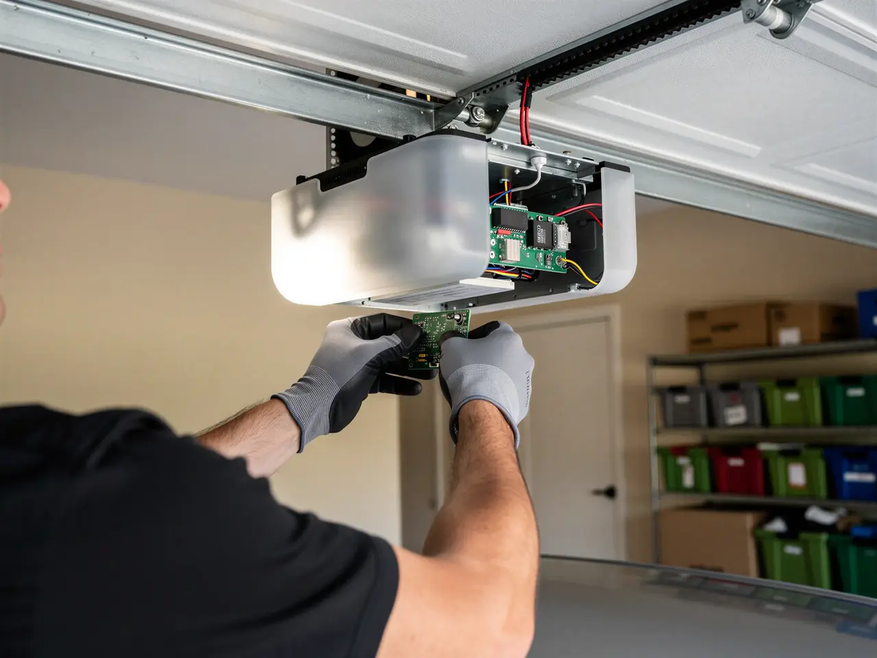 A technician installs a circuit board into a garage door opener.
