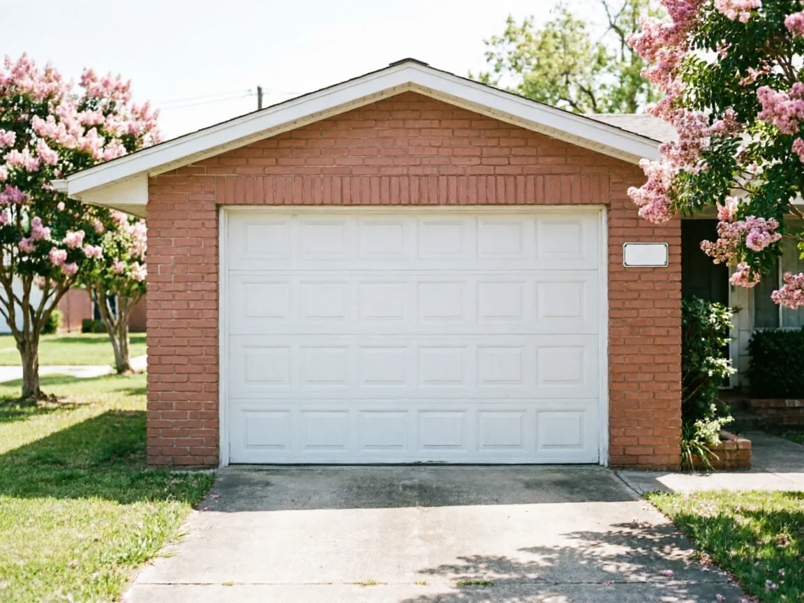 A white paneled garage door is set in a brick house with pink flowering trees.