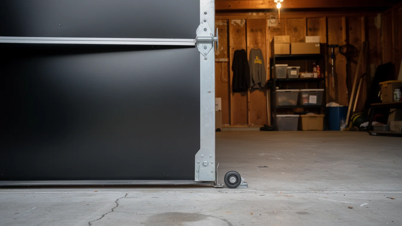 A black garage door is open, showing a roller and the garage interior.